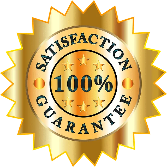 Gold seal badge with 100% Satisfaction Guarantee, star accents, and a radiant metallic gradient conveying trust and quality for trading systems